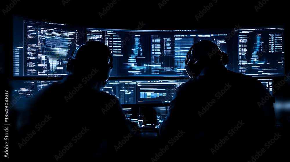 Cybersecurity experts code late, dark office Cybersecurity experts code late, dark office