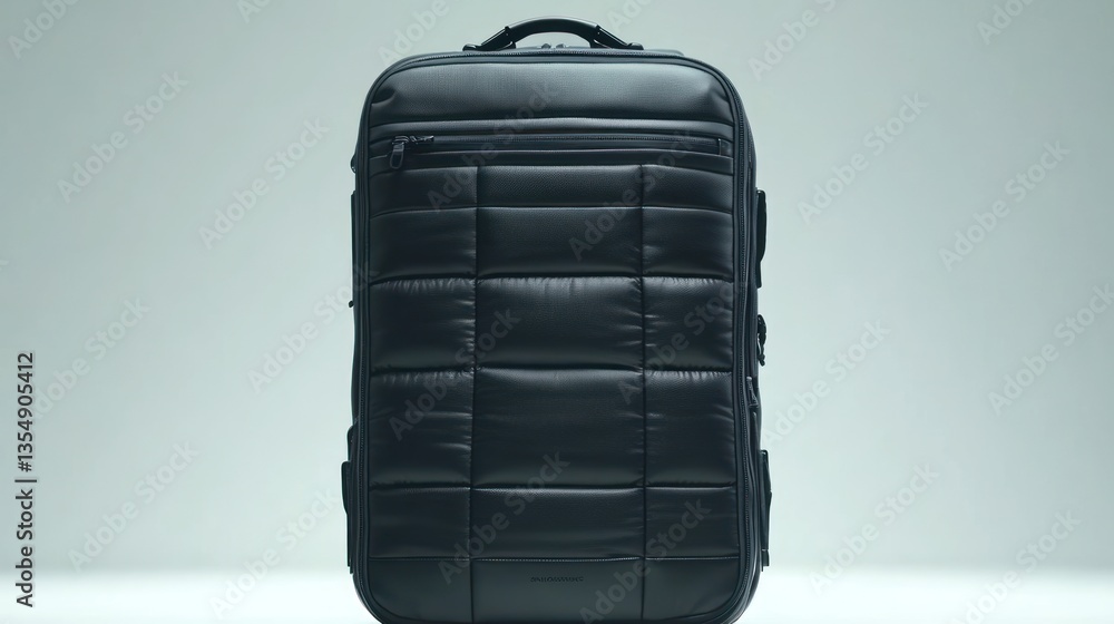 A large black quilted rolling suitcase set against a simple background A large black quilted rolling suitcase set against a simple background
