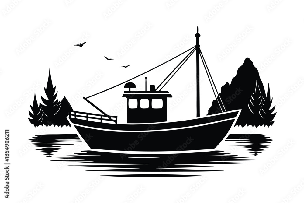 Fishing boat on a sea vector silhouette Fishing boat on a sea vector silhouette
