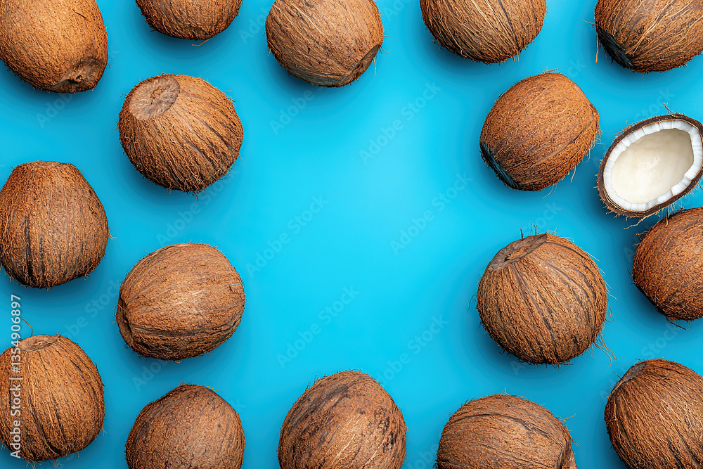 A collection of coconuts, whole and halved, are arranged on a bright blue background creating a visually appealing tropical pattern. A collection of coconuts, whole and halved, are arranged on a bright blue background creating a visually appealing tropical pattern.