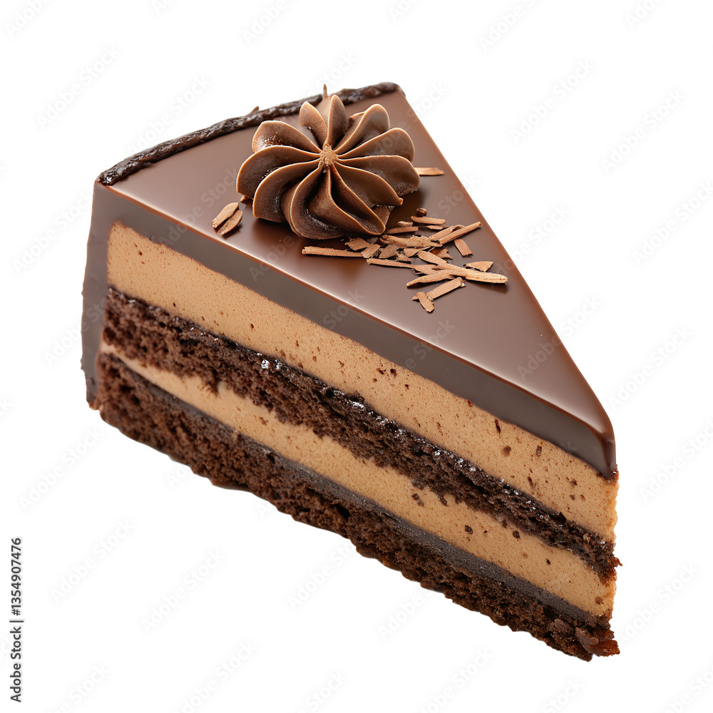 Delicious Chocolate Cake Slice Topped with Cream and Chocolate Shavings on Black Delicious Chocolate Cake Slice Topped with Cream and Chocolate Shavings on Black