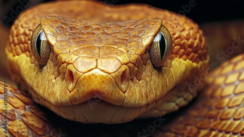 Detailed close-up of a golden snake showcasing its scales and eyes in a natural habitat during daylight