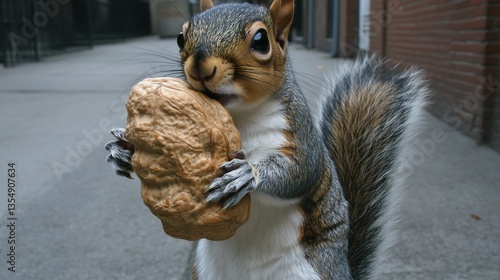 City squirrel holding walnut, urban background