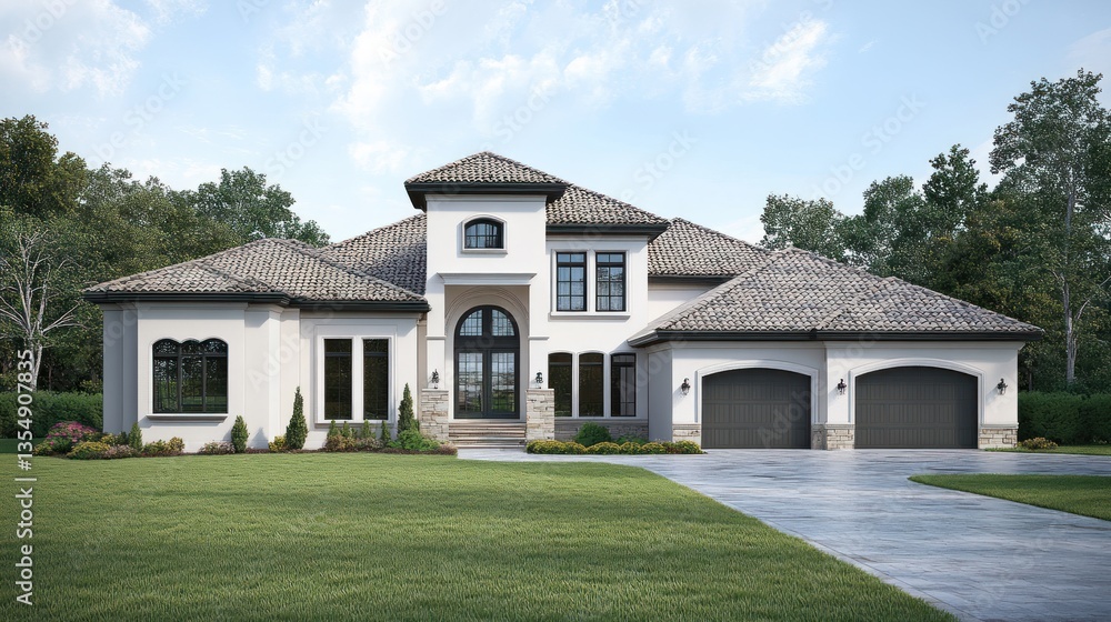 A Large Modern House with a Garage and Landscaped Yard A Large Modern House with a Garage and Landscaped Yard