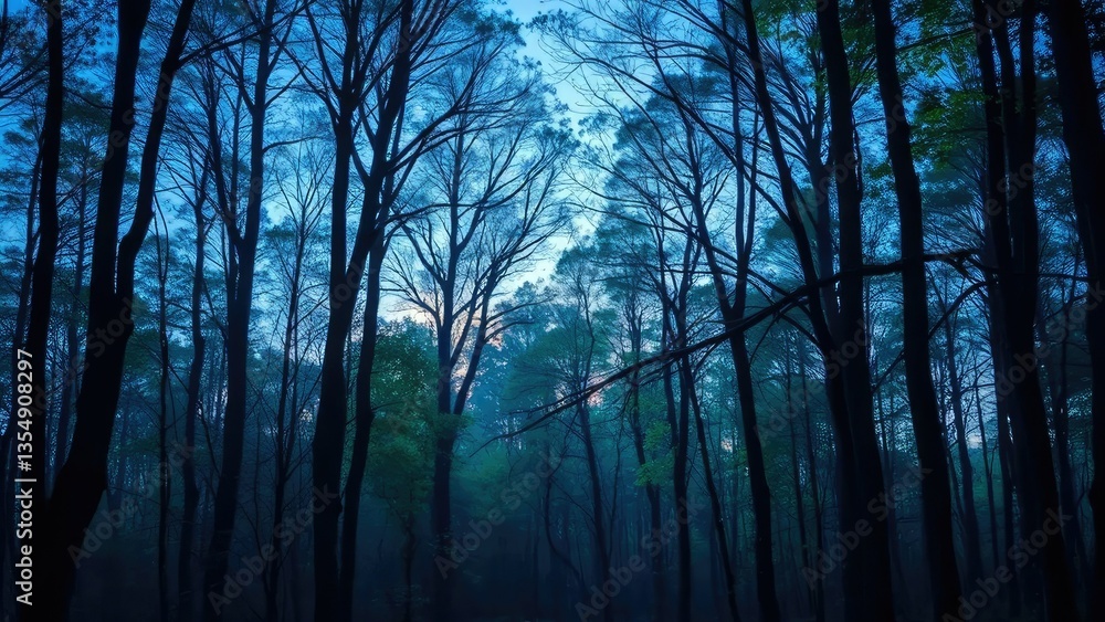 Obraz premium Softly glowing blue and green hues illuminate the atmosphere of a serene forest at dusk, hues, atmospheric