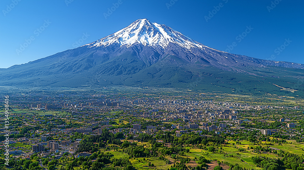 High-angle panoramic view of Volcano Mountain and a city around its plain. High-angle panoramic view of Volcano Mountain and a city around its plain.
