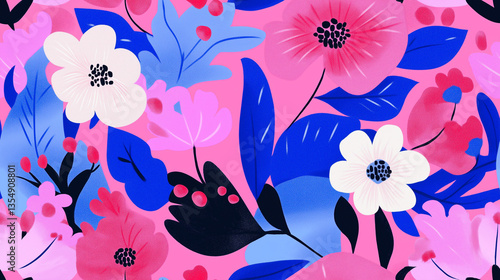 A colorful seamless floral pattern with blue and pink flowers. The flowers are arranged in a way that creates a sense of movement and energy. Scene is cheerful and uplifting.