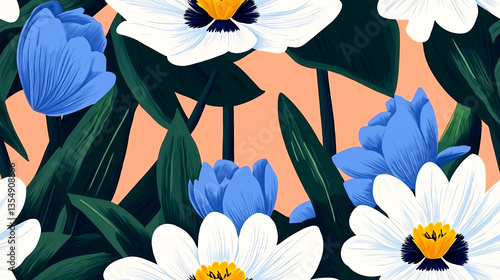 Seamless pattern with blue and white flowers. The flowers are arranged in a way that creates a sense of depth and movement.