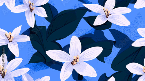 A blue and white floral seamless pattern with white flowers. The blue background adds a sense of calmness and serenity to the scene.
