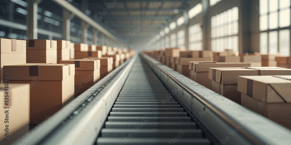 Naklejka premium Brown paper boxes arranged on a conveyor belt in a modern warehouse setting with soft lighting