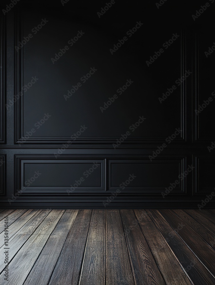 A dark, empty room with a black wall and a wooden floor. A dark, empty room with a black wall and a wooden floor.