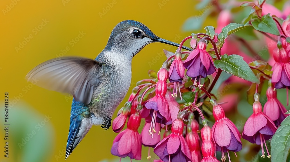 Naklejka premium Hummingbird feeding on fuchsia flowers in garden