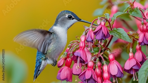 Hummingbird feeding on fuchsia flowers in garden
