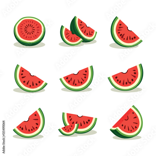 Cartoon fresh green open watermelon half, slices, and triangles. Red watermelon piece with bite. Sliced cocktail watermelon fruit vector set. Illustration of watermelon freshness nature.
