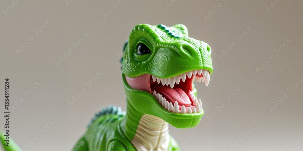 Fototapeta premium A green dinosaur toy with a mouth open and teeth showing.