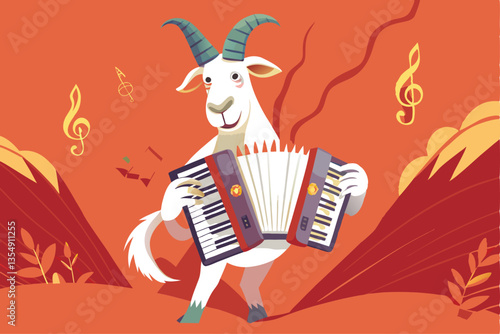 A whimsical illustration of a jovial, anthropomorphic goat in vintage cartoon style, merrily playing a squeezebox accordion.