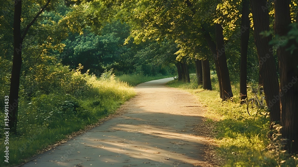 Naklejka premium A serene pathway winding through a lush green forest, inviting exploration and tranquility in nature's embrace.