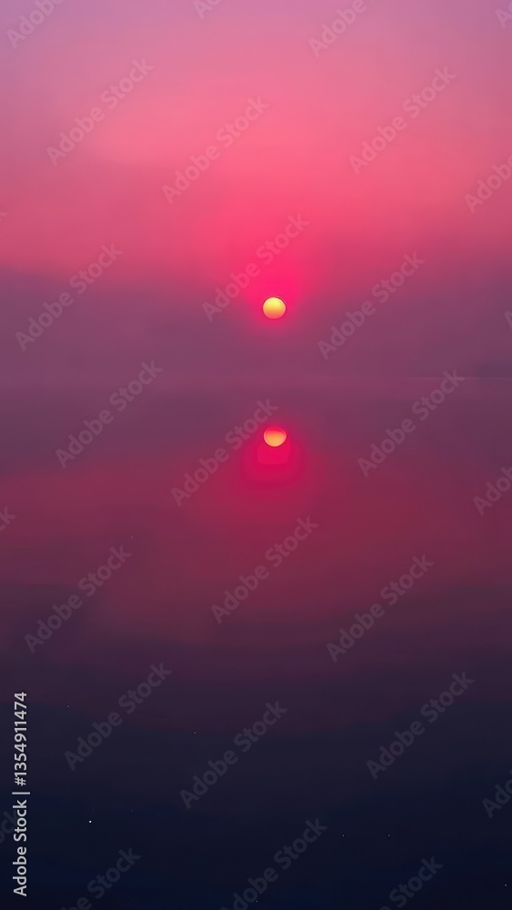 Red mist rises from the water's surface of a tranquil lake at dawn, water reflections, dawn, Red mist rises from the water's surface of a tranquil lake at dawn, water reflections, dawn,