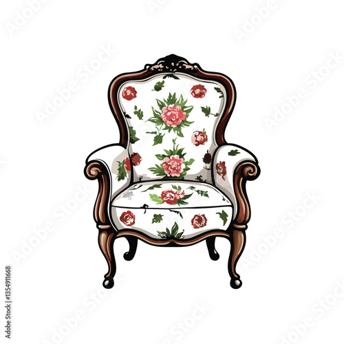 A highly detailed image of an antique armchair, intricately carved, adorned with vibrant floral upholstery and embellishments.  Show exquisite detail in the wood and fabric textures.