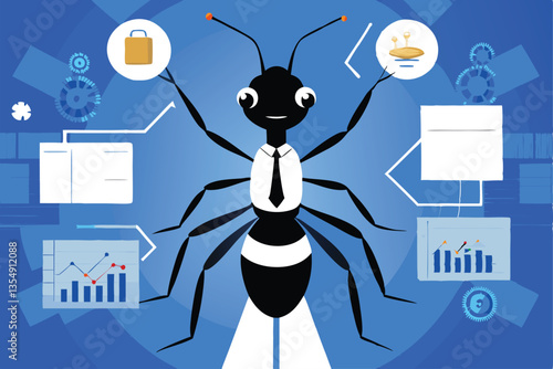 A highly detailed illustration of an ant in a suit, acting as a COO, meticulously analyzing complex business charts and graphs, showcasing efficiency and optimization.