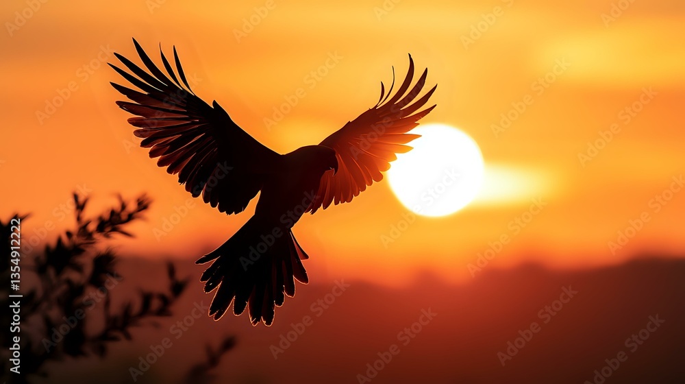 Obraz premium Silhouette of majestic bird with spread wings soaring against vibrant orange sunset sky and bright sun, dramatic nature scene capturing freedom and wilderness.