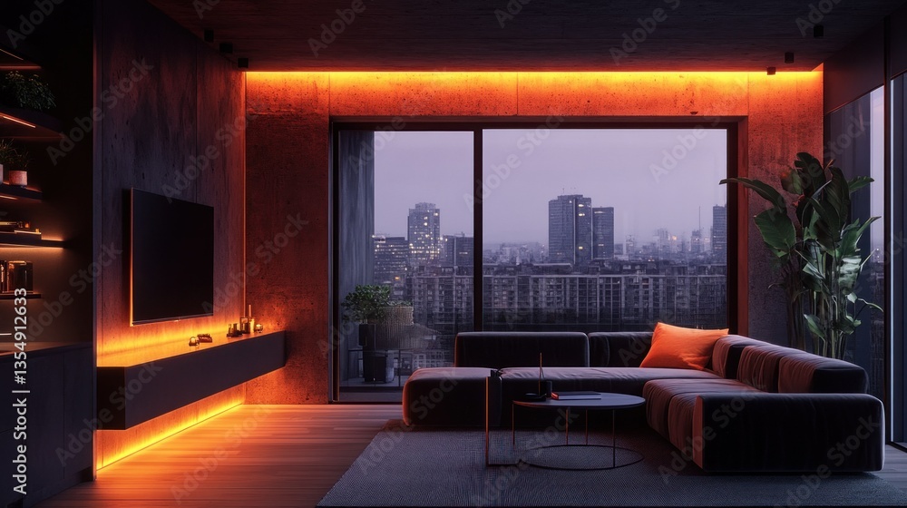 Fototapeta premium Luxurious modern living room features cityscape outside of large windows