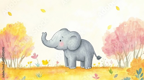 Cheerful Elephant Watercolor Painting, children illustration of Autumn Scene with autumn Leaves