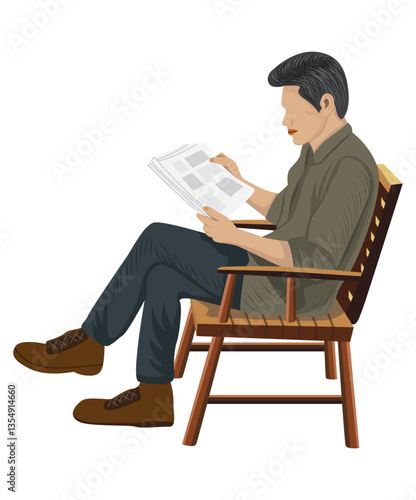 A man sits on a wooden chair reading a newspaper.vector design