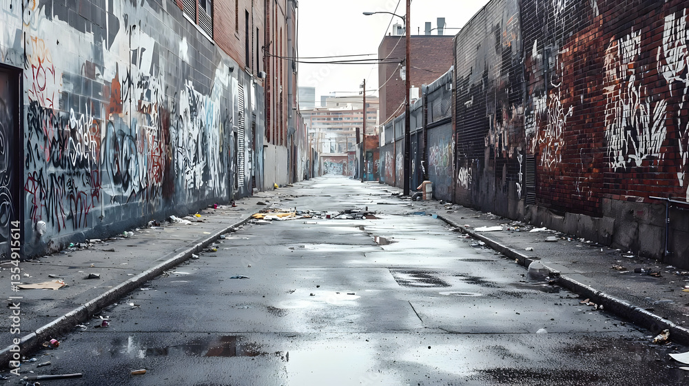 Fototapeta premium Urban alleyway, graffiti-covered walls, littered street, rain-soaked pavement