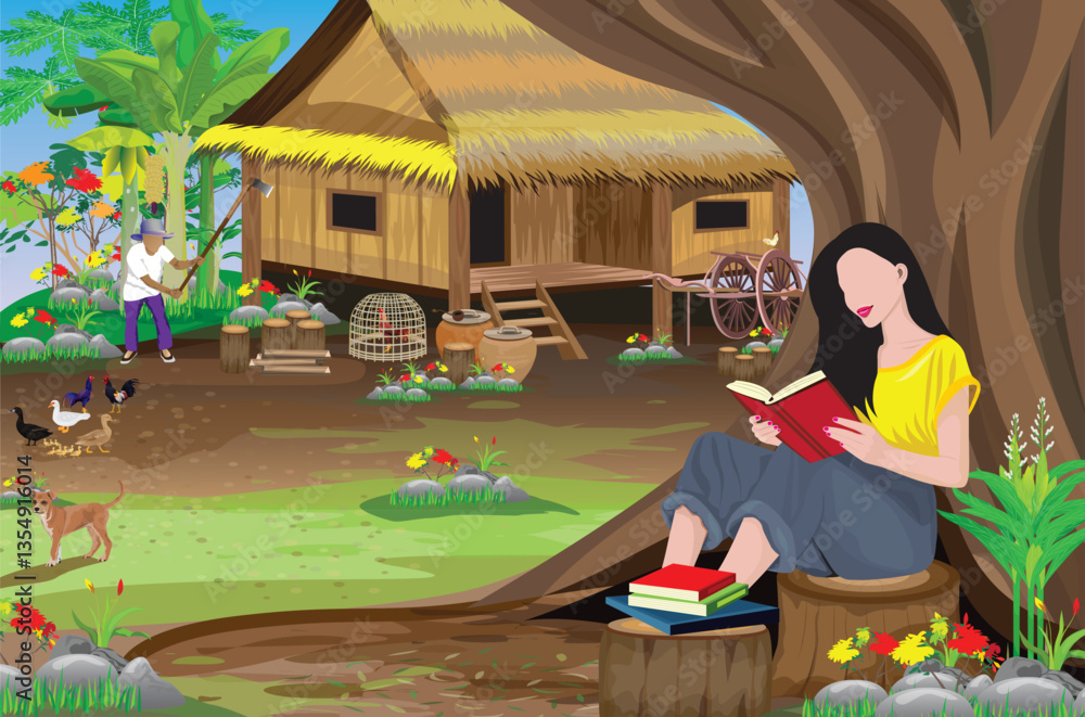 A young woman is sitting reading a book under a big tree in front of a cottage.