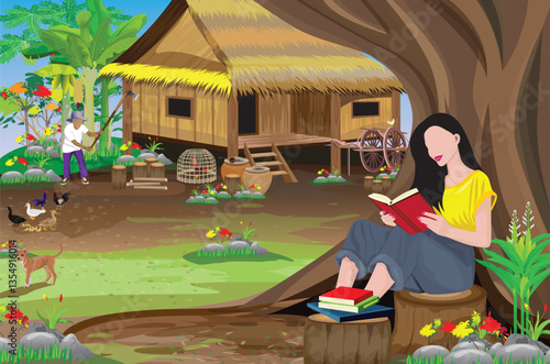 Obraz na płótnie A young woman is sitting reading a book under a big tree in front of a cottage. w salonie