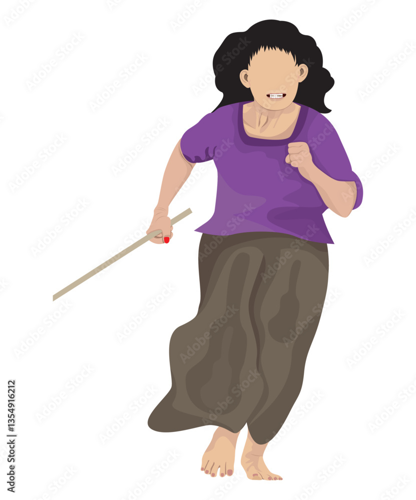 A woman holding a stick, running vector design