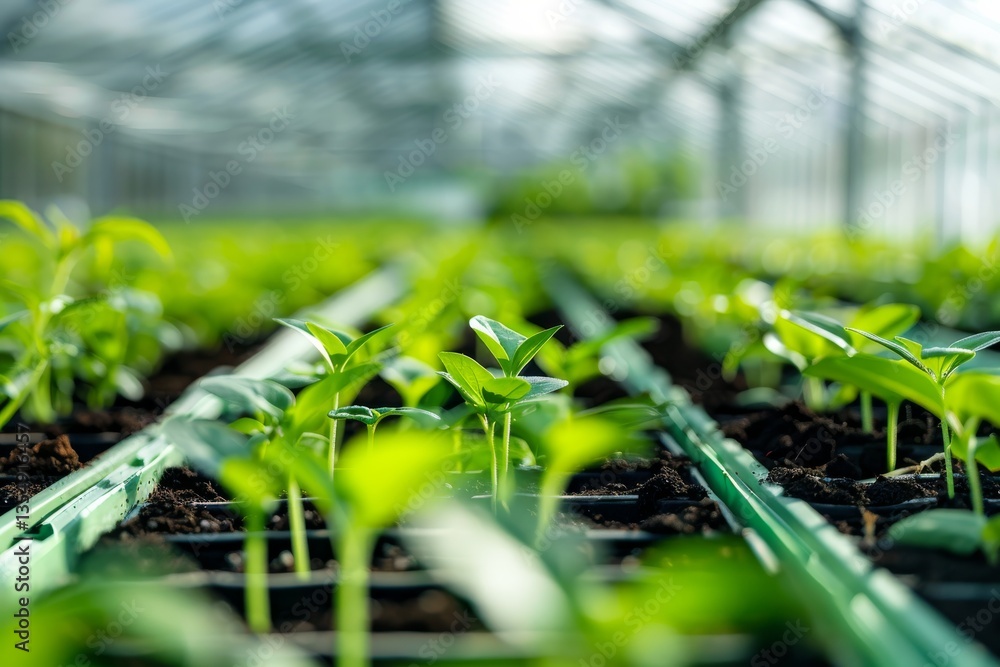 Vibrant greenhouse seedlings row for plant growth and agriculture themes Vibrant greenhouse seedlings row for plant growth and agriculture themes