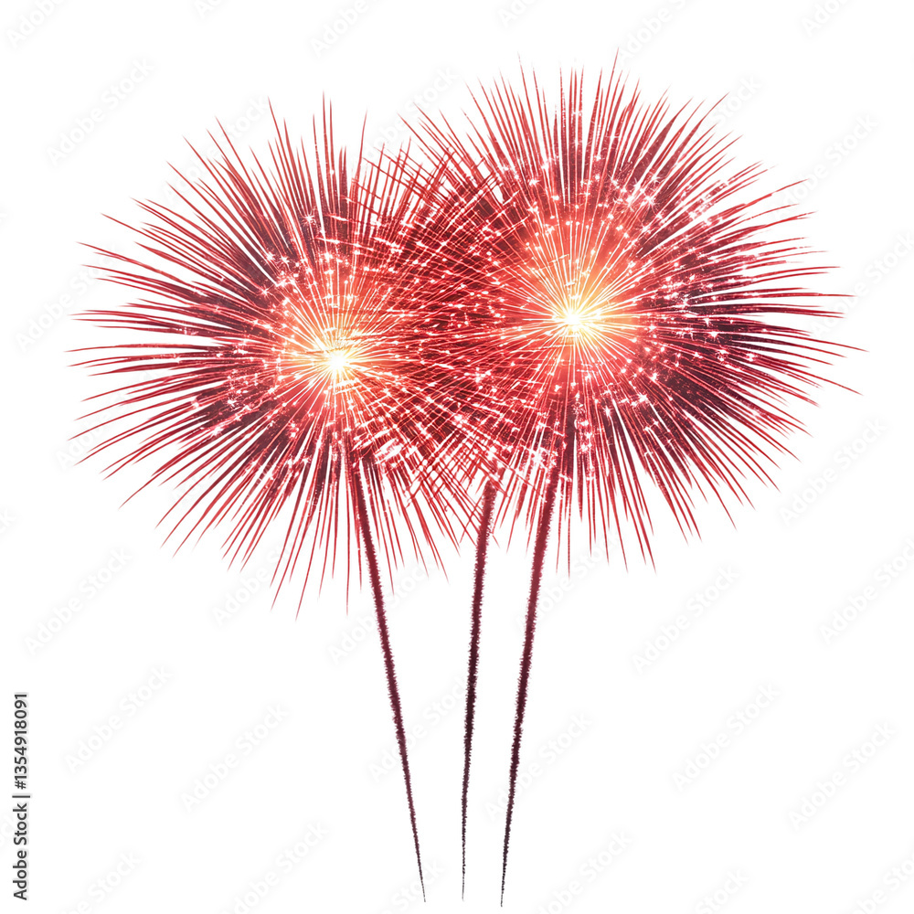 Fototapeta premium Red fireworks explosion mid-air - celebration and festivity, isolated on a white transparent background
