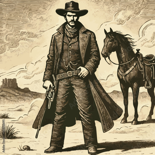 Lone Gunslinger in the Desert: A Vintage Sepia-Toned Western Illustration