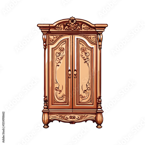 Artistic rendering of a vintage wooden wardrobe with intricate carvings, distressed paint, and antique brass hardware.  Showcase its aged beauty and craftsmanship.