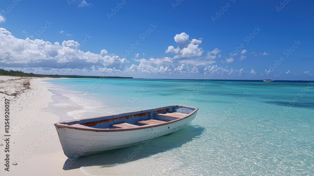 Naklejka premium serene beach scene featuring lone boat resting on soft sand, surrounded by clear turquoise waters and bright blue sky