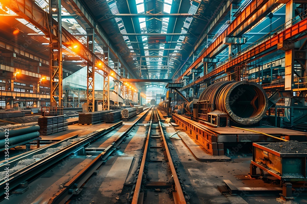 Fototapeta premium Heavy machinery operating in a steel manufacturing plant, including large furnaces, conveyor belts, and steel beams.