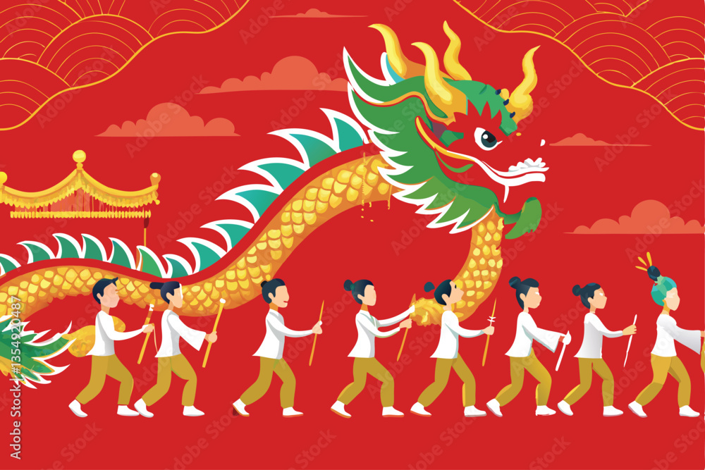 A vibrant, dynamic dragon dance performance; showcasing intricate costumes, energetic movements, and joyful expressions. A vibrant, dynamic dragon dance performance; showcasing intricate costumes, energetic movements, and joyful expressions.