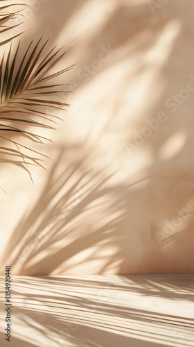Delicate palm leaf shadows dance across a textured beige wall.