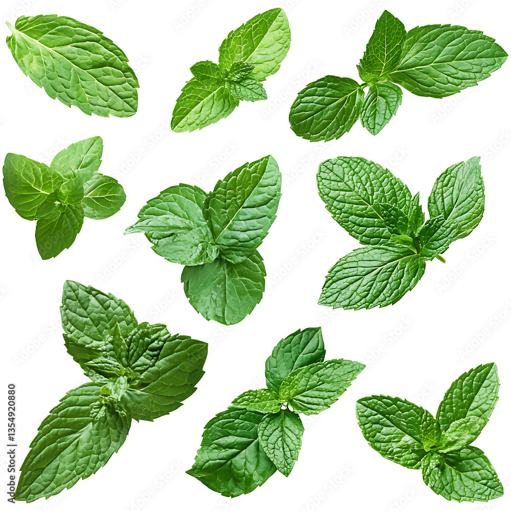 Fresh mint leaves collection, isolated on transparent background, green herbs, high regulation photo Fresh mint leaves collection, isolated on transparent background, green herbs, high regulation photo