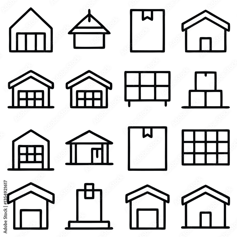 House icon set vector illustration features black silhouette symbols of residential buildings, homes, and architectural elements for web design