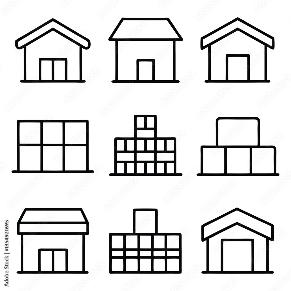 House icon set features vector building illustrations with roof, window, and door symbols for real estate design