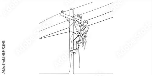 lineman climbs and holds electric a single continuous line drawing illustrates a lineman climbing up an electric pole while gripping it with one hand. The scene highlights the important role of line.