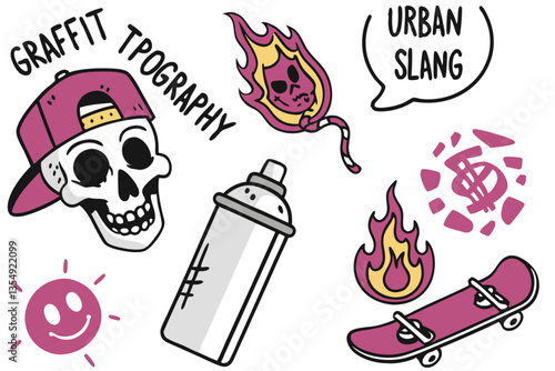 27 Graffiti stickers collection, street art typography, urban slang words, spray paint text, colorful graffiti tags, skater culture symbols, underground subculture icons, punk aesthetic graphics, neon