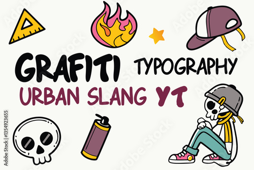 27 Graffiti stickers collection, street art typography, urban slang words, spray paint text, colorful graffiti tags, skater culture symbols, underground subculture icons, punk aesthetic graphics, neon