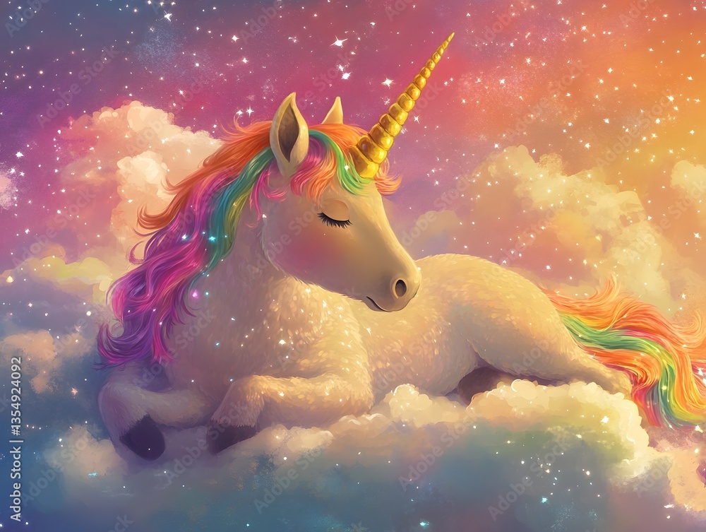 Pastel rainbow unicorn resting on a dreamy cloud Pastel rainbow unicorn resting on a dreamy cloud