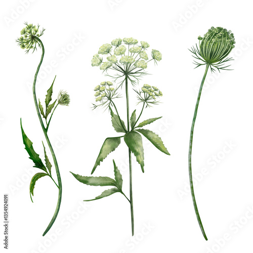 Poisonous plant Cicuta, hand drown watercolor botanical illustration, isolated on white background. Vintage style. Set of elements for patterns, bouquets. The plant is similar to yarrow and dill.