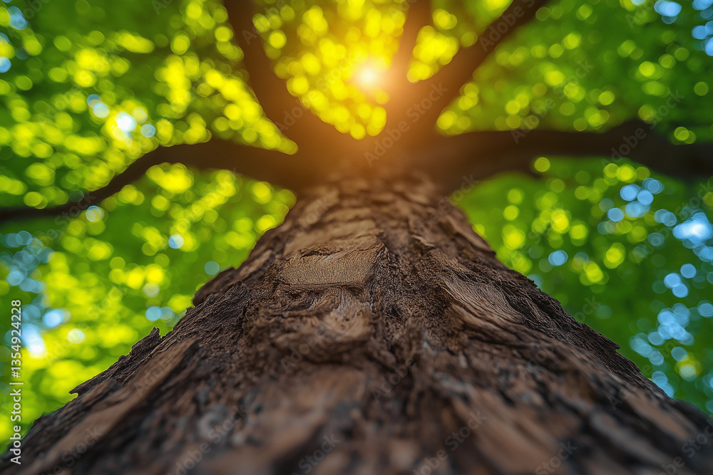 Fototapeta premium Upward view of a tree trunk, vibrant green leaves, and bokeh effect against the sunshine and sky.