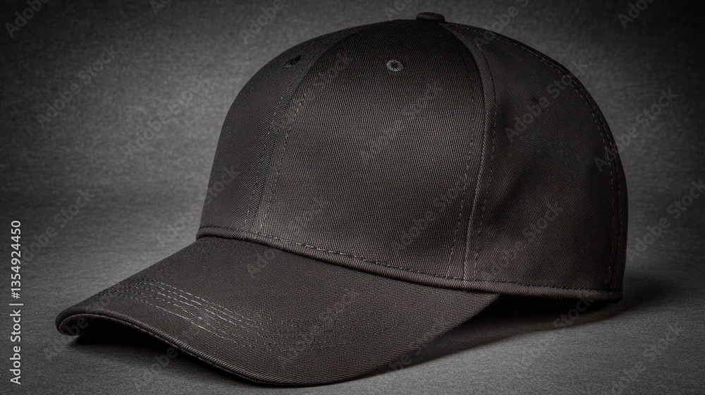 A single black baseball style cap on a dark background A single black baseball style cap on a dark background
